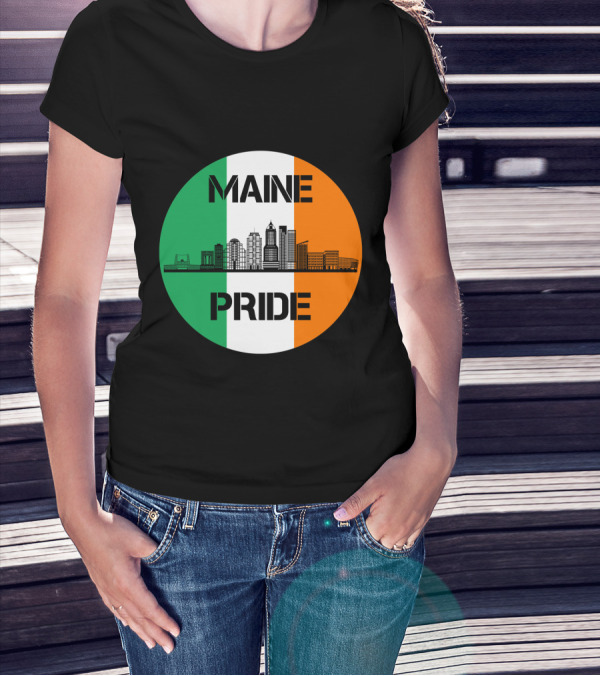 Maine Pride City Skyline With Irish Flag Colors Maine T-Shirt