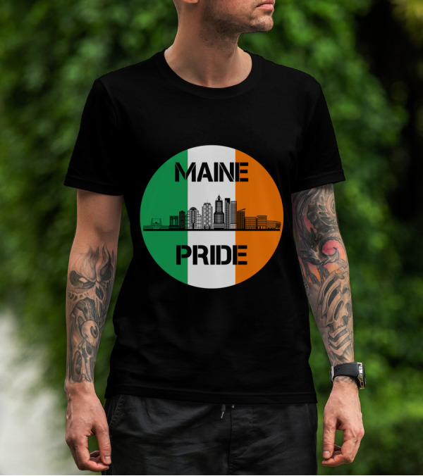 Maine Pride City Skyline With Irish Flag Colors Maine T-Shirt