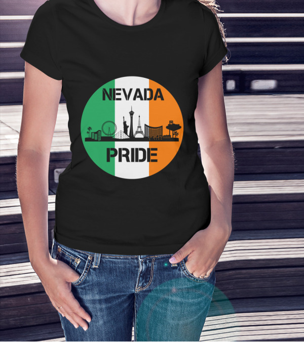 Nevada Pride Skyline With Irish Flag Colors And Iconic Landmarks T-Shirt