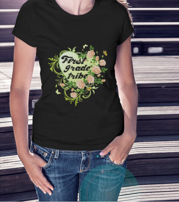 First Grade Tribe Floral Heart Butterfly Womens Teacher T-Shirt