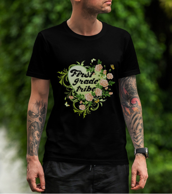 First Grade Tribe Floral Heart Butterfly Womens Teacher T-Shirt