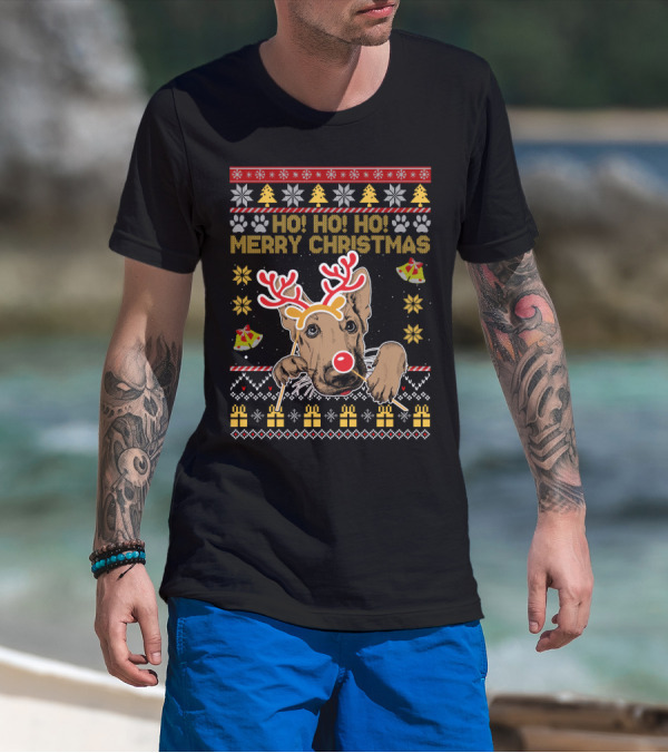 HO HO HO Merry Christmas German Shepherd Reindeer Antlers Ugly Sweater Style Holiday Bells Presents Snowflakes T-Shirt