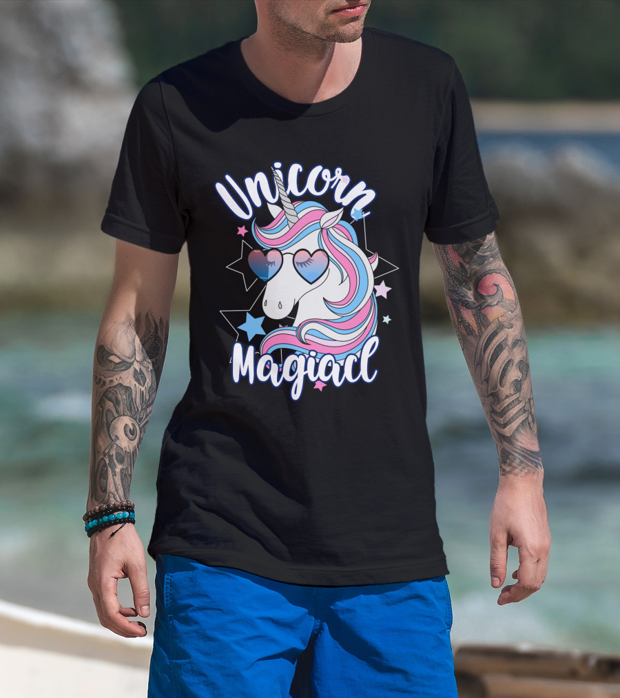 Unicorn Magiacl Rainbow Heart Sunglasses Stars T-Shirt