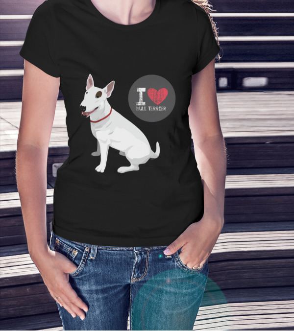 I Love Bull Terrier White Dog Sitting With Red Collar T-Shirt