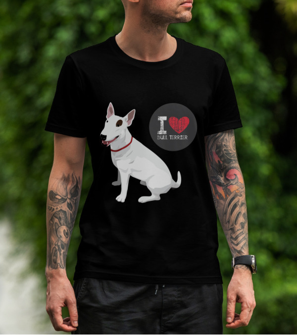 I Love Bull Terrier White Dog Sitting With Red Collar T-Shirt