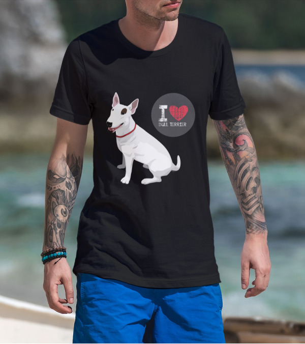 I Love Bull Terrier White Dog Sitting With Red Collar T-Shirt