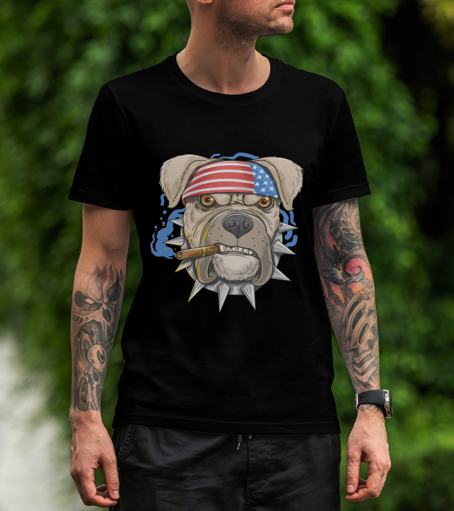 Pit Bull Dog American Punk Head Spiked Collar Patriotic Bandana Cigar T-Shirt