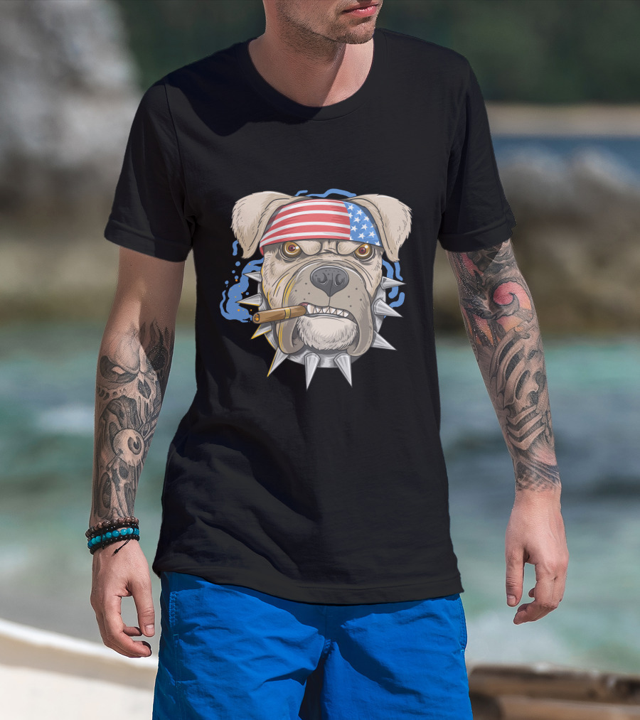 Pit Bull Dog American Punk Head Spiked Collar Patriotic Bandana Cigar T-Shirt