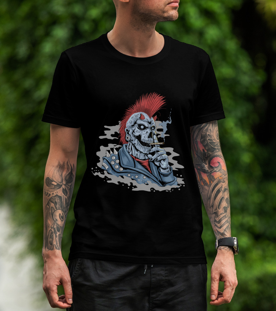 Skull Punk Mohawk With Spiked Leather And Smoking Cigarette T-Shirt