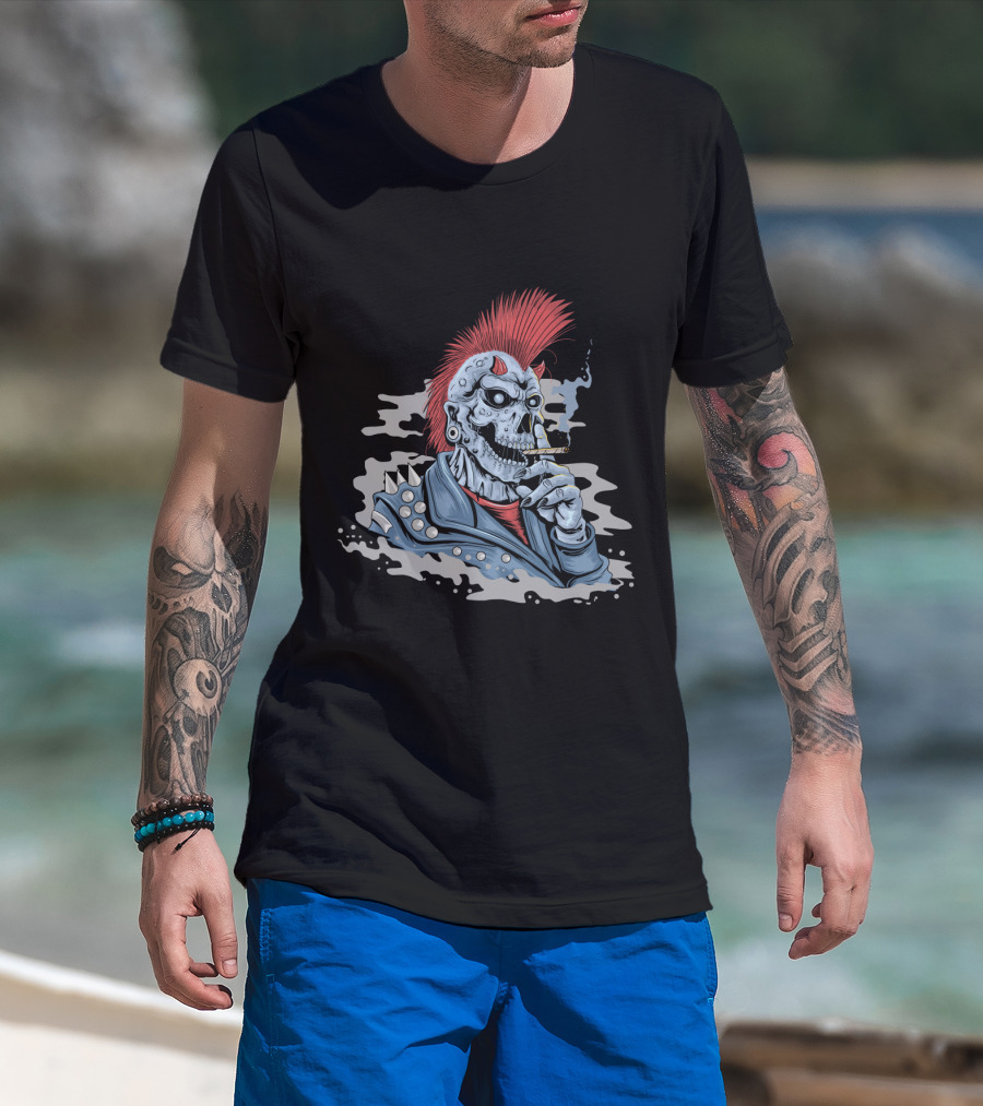 Skull Punk Mohawk With Spiked Leather And Smoking Cigarette T-Shirt