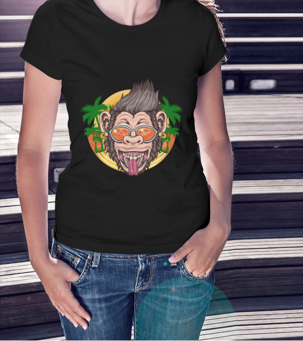 Funny Chimpanzee Sunglasses Tropical Sunset T-Shirt