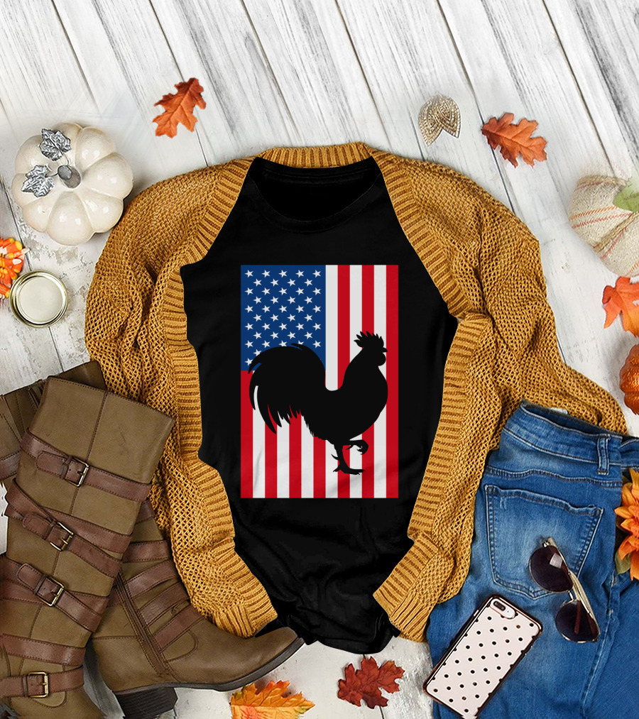 USA American Flag Rooster Silhouette T-Shirt