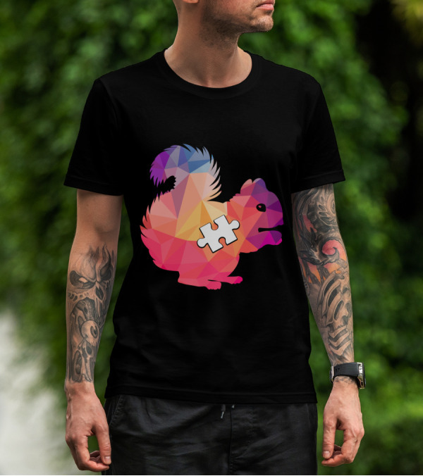 Squirrel Autism Awareness Puzzle Piece Geometric Multicolor T-Shirt