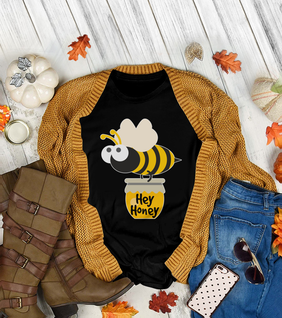 Hey Honey Fun Bee Yellow Striped Cartoon Bee on Honey Jar T-Shirt