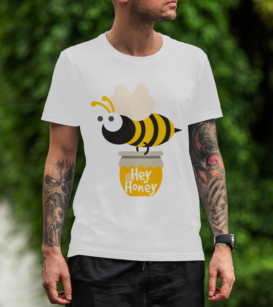 Hey Honey Fun Bee Yellow Striped Cartoon Bee On Honey Jar T-Shirt