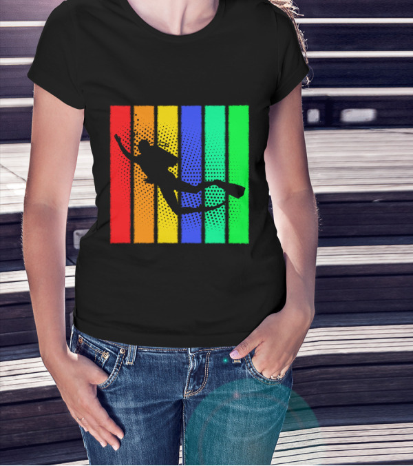 Retro Snorkeling Diver Silhouette Rainbow Stripes T-Shirt