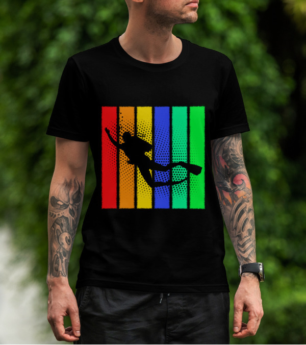 Retro Snorkeling Diver Silhouette Rainbow Stripes T-Shirt