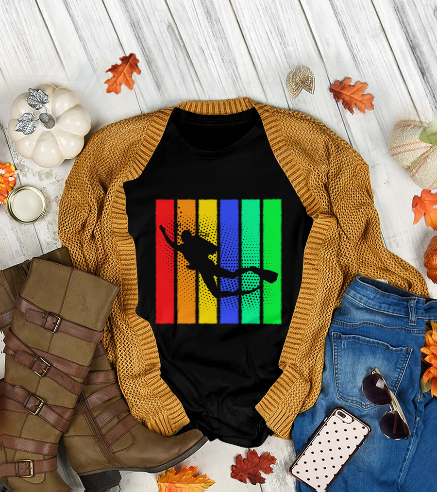 Retro Snorkeling Diver Silhouette Rainbow Stripes T-Shirt