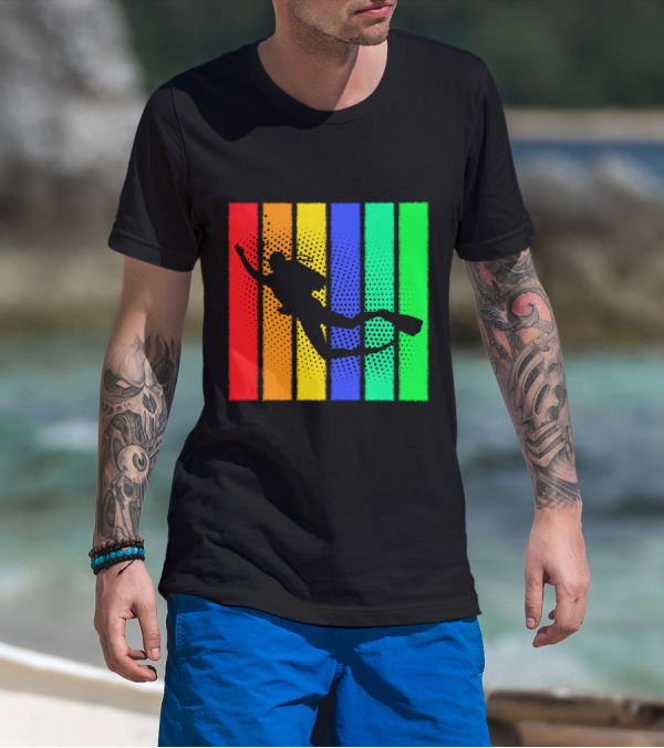 Retro Snorkeling Diver Silhouette Rainbow Stripes T-Shirt