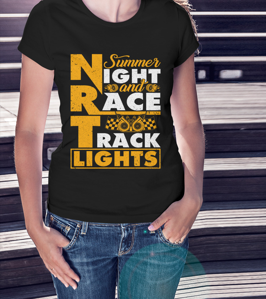 Summer Night And Race Track Lights With Engine And Checkered Flags T-Shirt