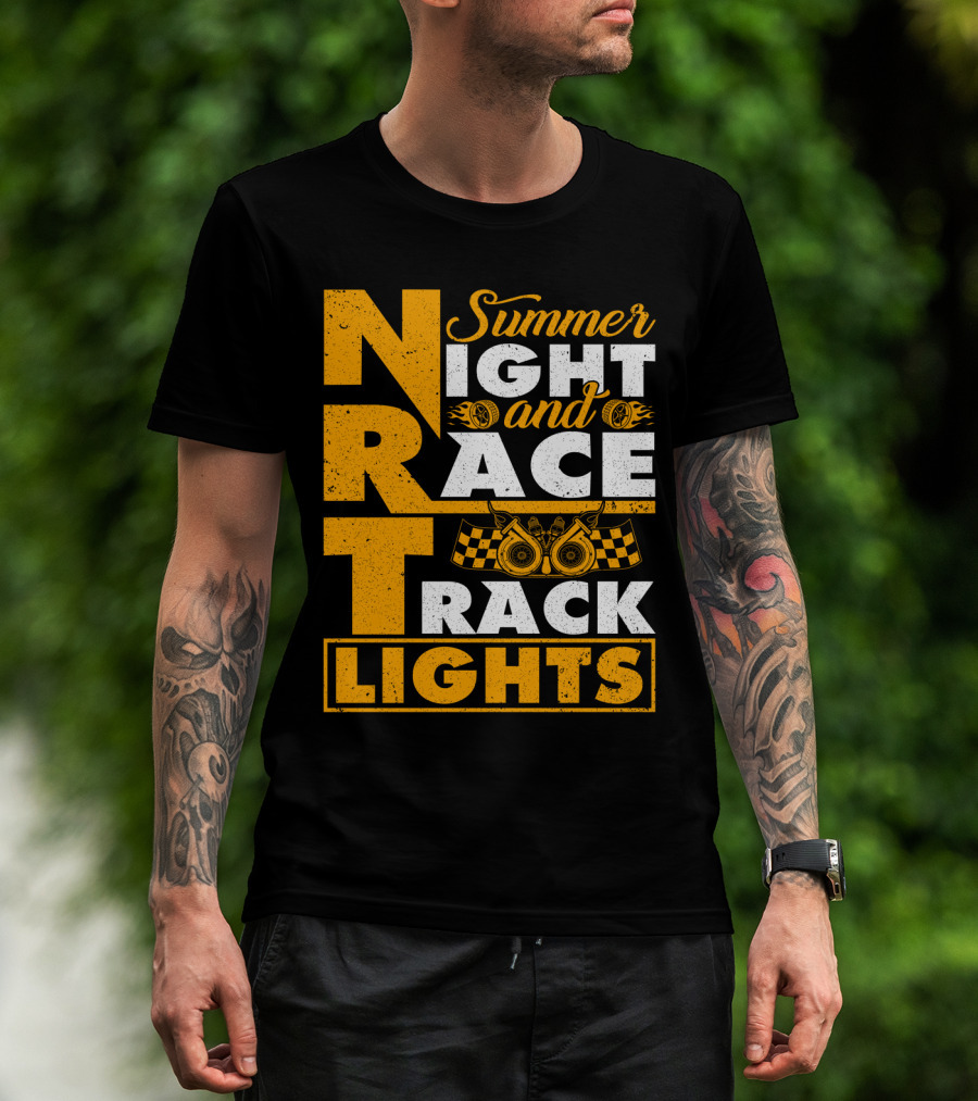 Summer Night And Race Track Lights With Engine And Checkered Flags T-Shirt