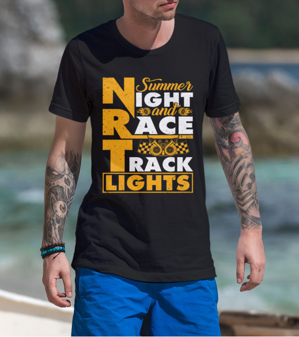 Summer Night And Race Track Lights With Engine And Checkered Flags T-Shirt