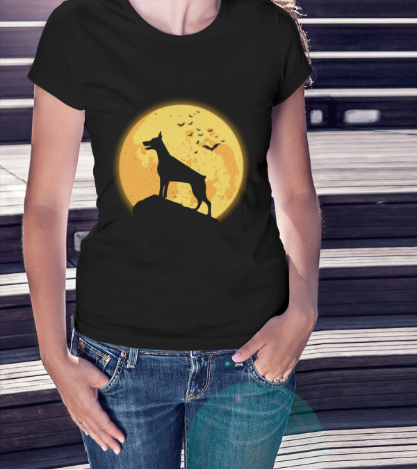 DOBERMAN Dog Silhouette Against Orange Moon Night Scene T-Shirt