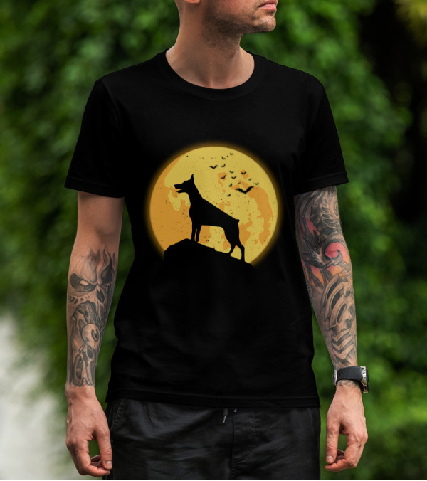 DOBERMAN Dog Silhouette Against Orange Moon Night Scene T-Shirt