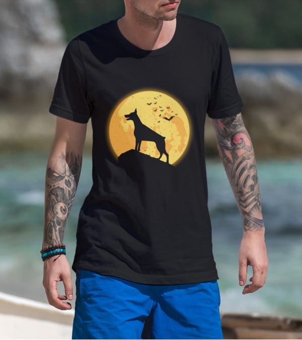 DOBERMAN Dog Silhouette Against Orange Moon Night Scene T-Shirt