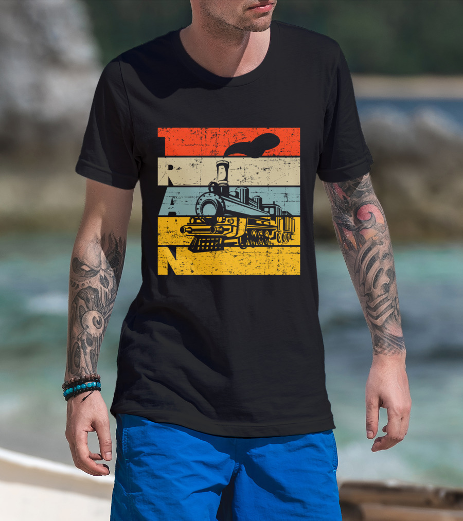 Vintage Train Retro Steam Locomotive Stripes T-Shirt