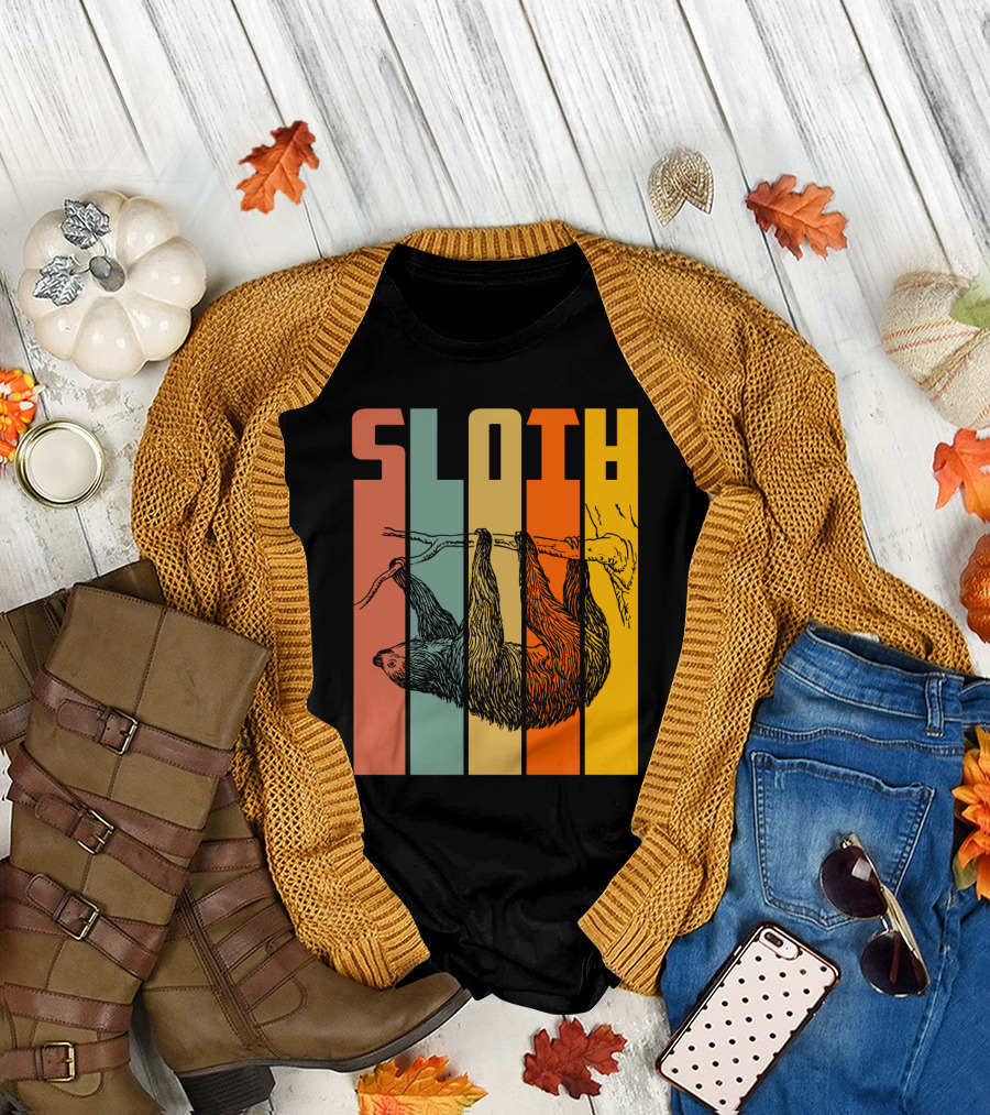 SLOTH Vintage Retro Hanging Branch Stripes T-Shirt