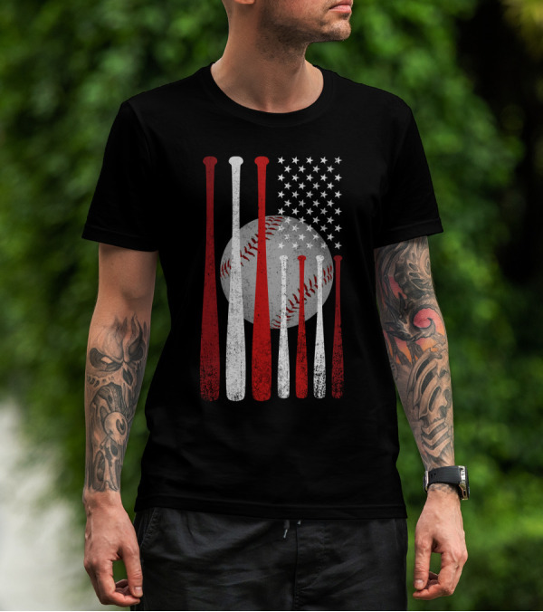 Vintage American Flag Baseball Bats And Ball Stars T-Shirt