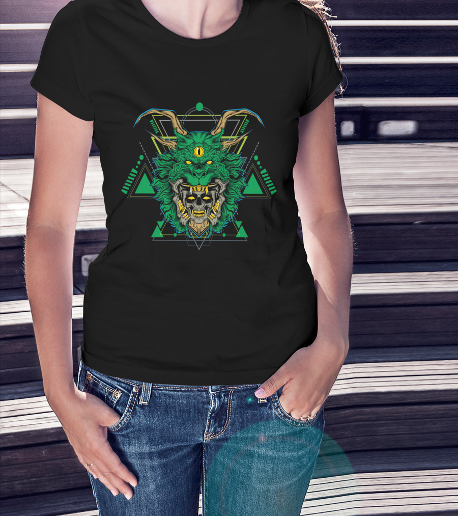 Green Dragon Geometric Skull Fusion T-Shirt