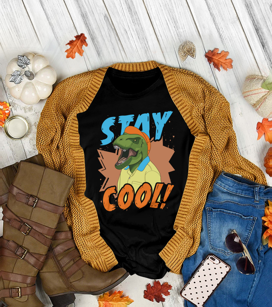 STAY COOL Dinosaur Wearing Bright Shirt and Cap T-Shirt