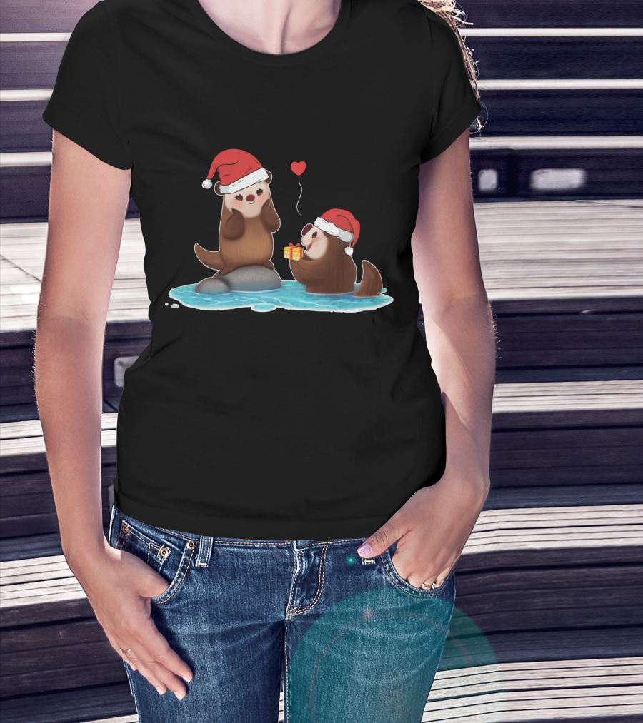 Cute Otter Santa With Gift And Heart On Ice T-Shirt