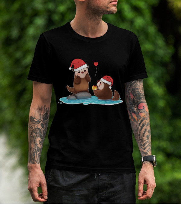 Cute Otter Santa With Gift And Heart On Ice T-Shirt