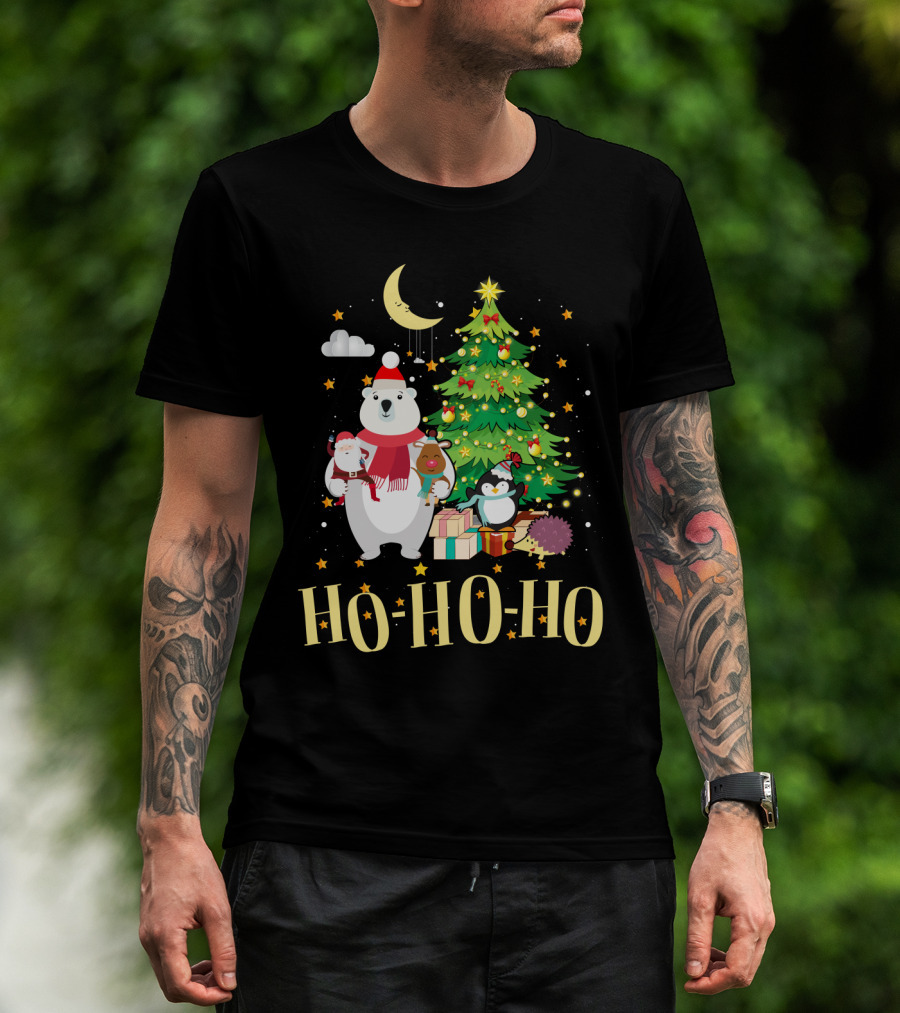 HO HO HO Christmas Dreams Polar Bear Santa Penguin Tree T-Shirt