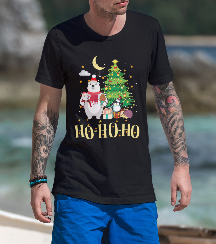 HO HO HO Christmas Dreams Polar Bear Santa Penguin Tree T-Shirt