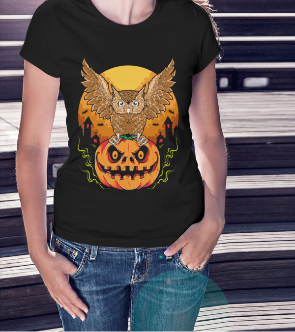 Owl Perched On Halloween Pumpkin With Haunted Houses And Bats T-Shirt