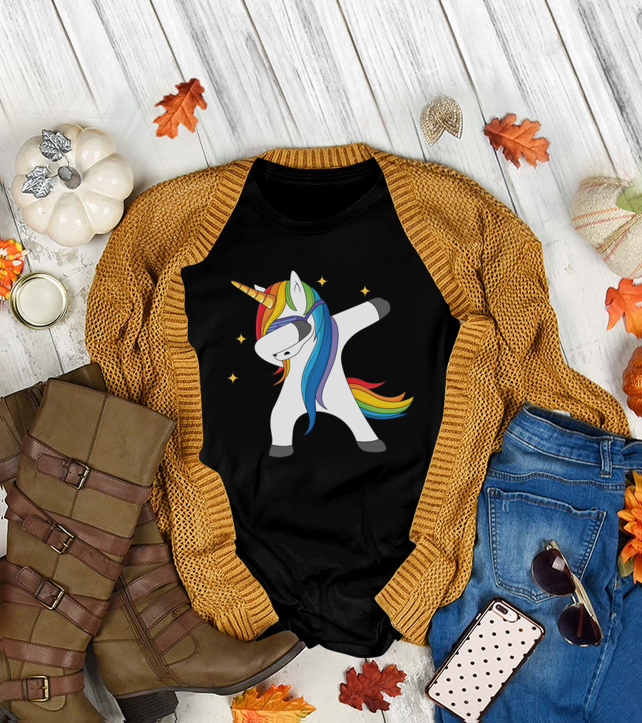 Unicorn Dabbing with Rainbow Mane and Stars T-Shirt