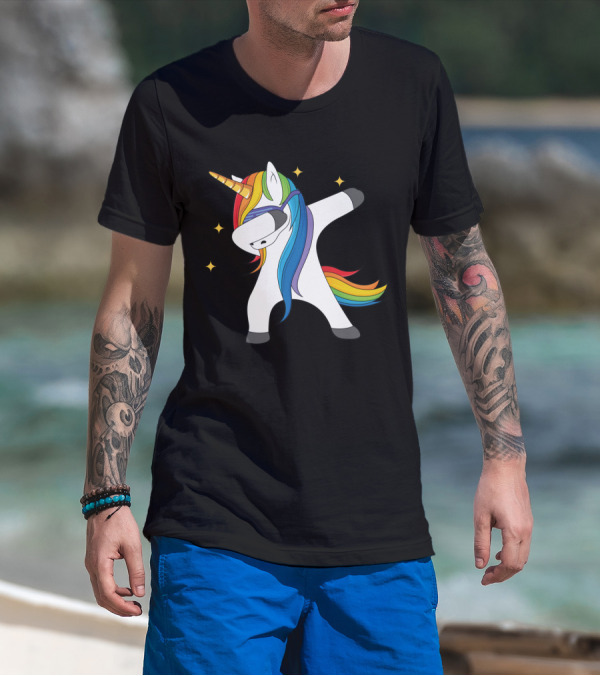 Unicorn Dabbing With Rainbow Mane And Stars T-Shirt