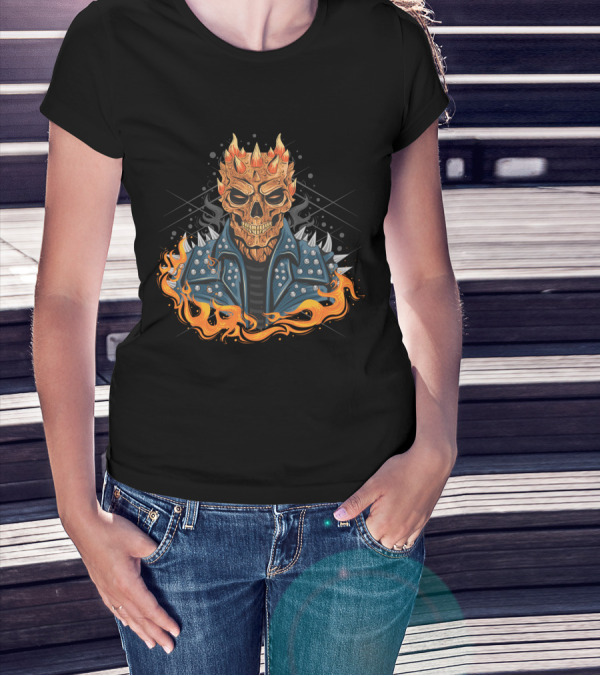 Skull Punk Head Fiery Jacket Flames Spikes T-Shirt