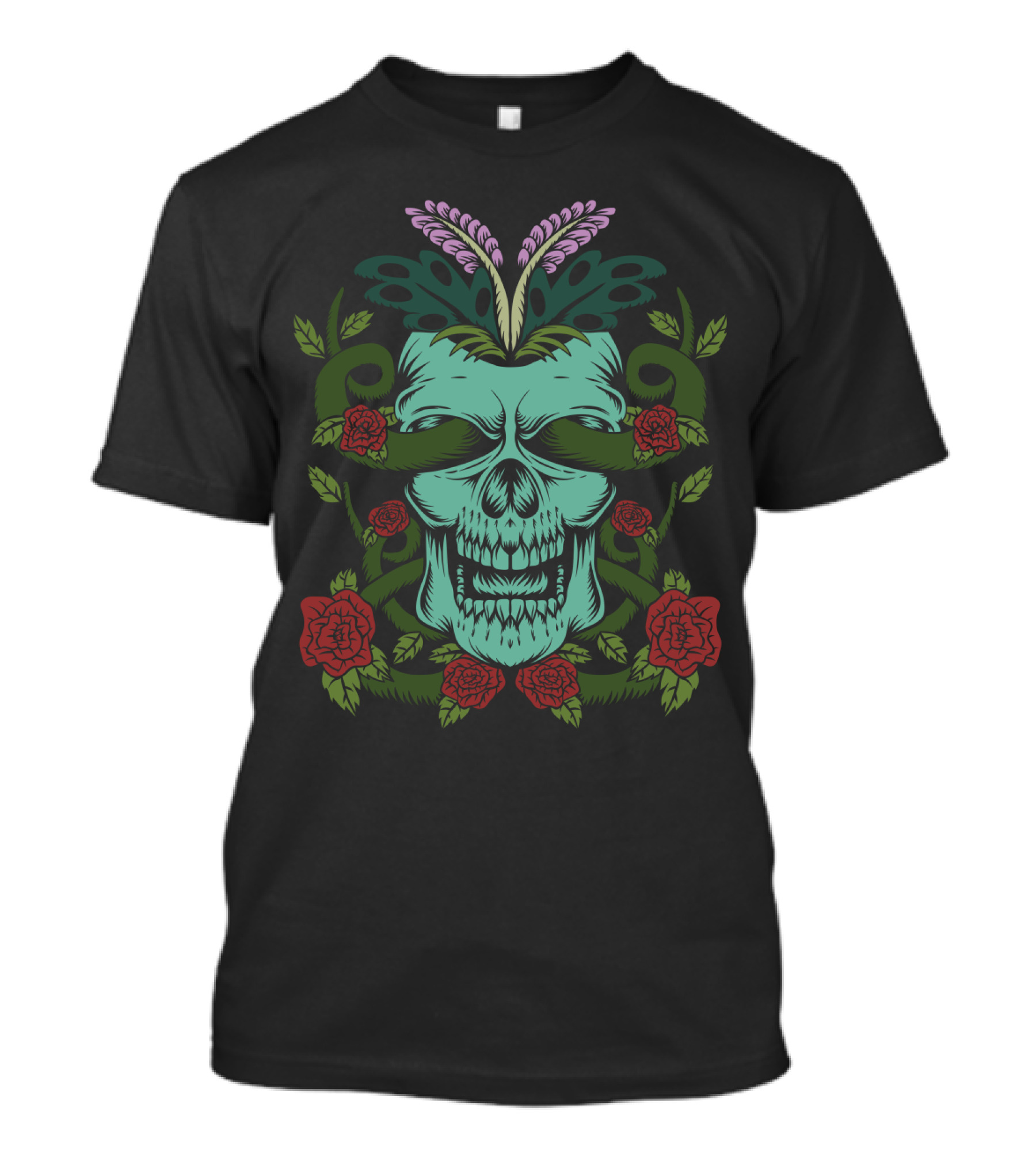 Skull Rose Floral Motif With Decorative Elements T-Shirt
