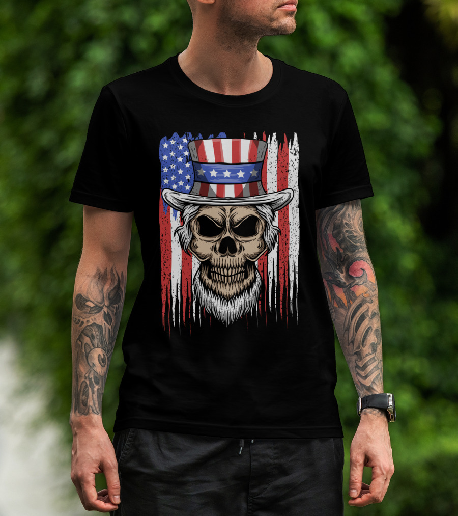 Skull Uncle Sam American Flag Hat T-Shirt