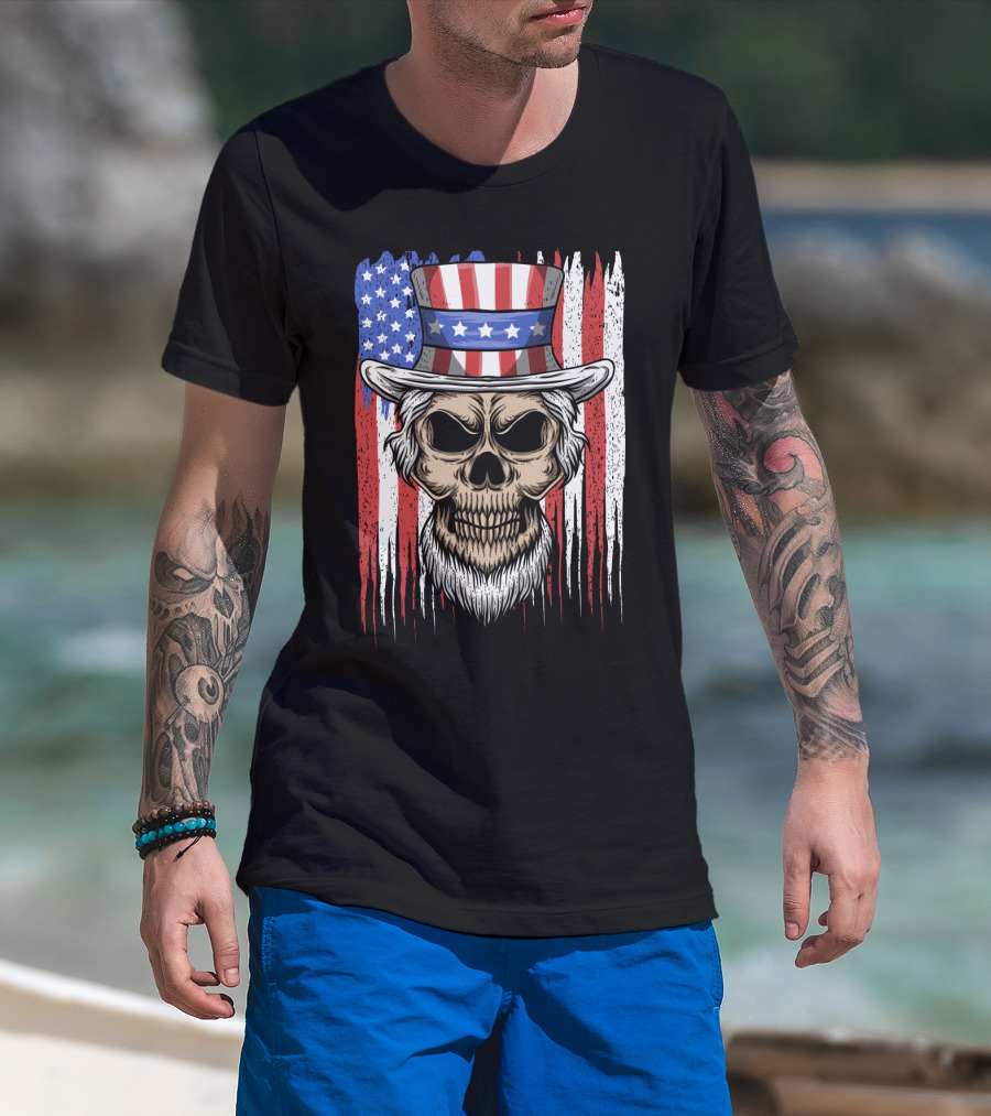 Skull Uncle Sam American Flag Hat T-Shirt