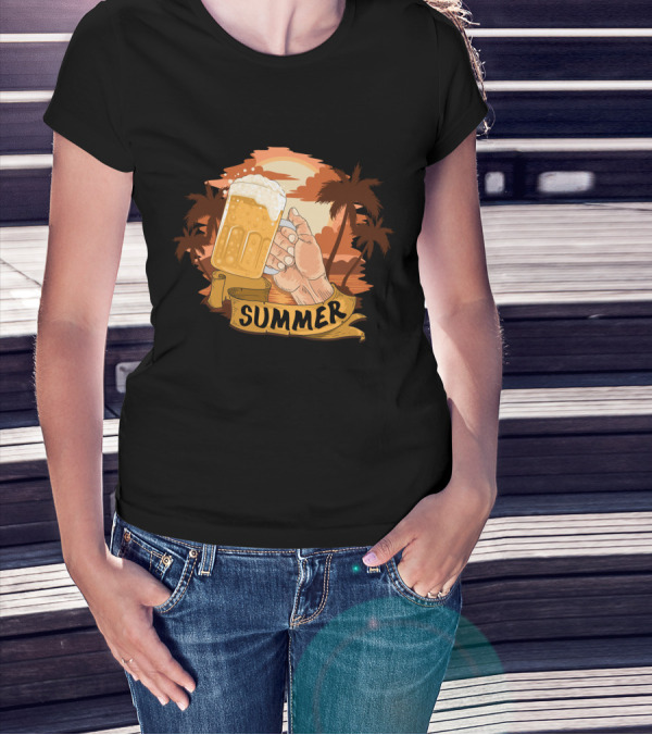 Summer Beach Beer Cheers At Sunset Palm Landscape T-Shirt