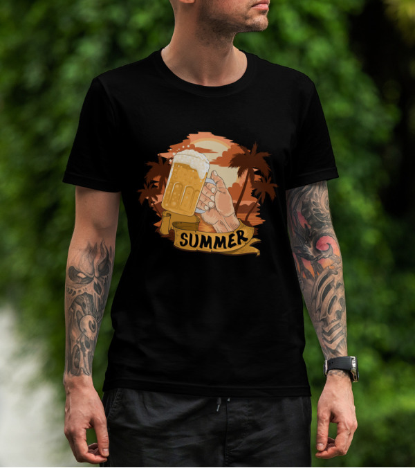 Summer Beach Beer Cheers At Sunset Palm Landscape T-Shirt