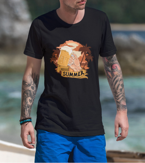 Summer Beach Beer Cheers At Sunset Palm Landscape T-Shirt