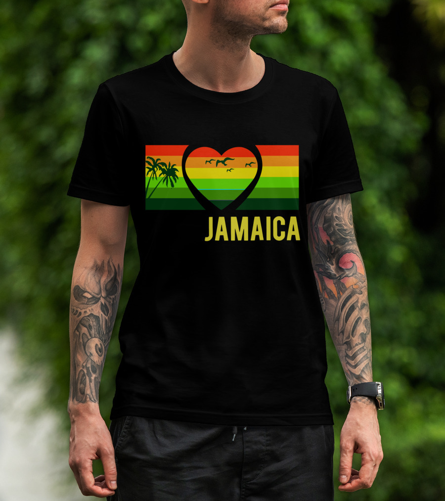 Jamaica Heart Rasta Reggae Sunset With Palm Trees And Birds T-Shirt