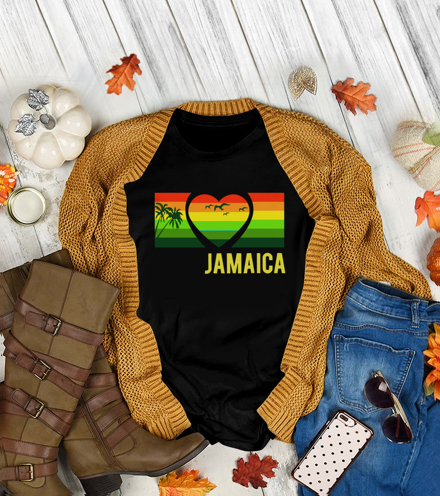 Jamaica Heart Rasta Reggae Sunset with Palm Trees and Birds T-Shirt
